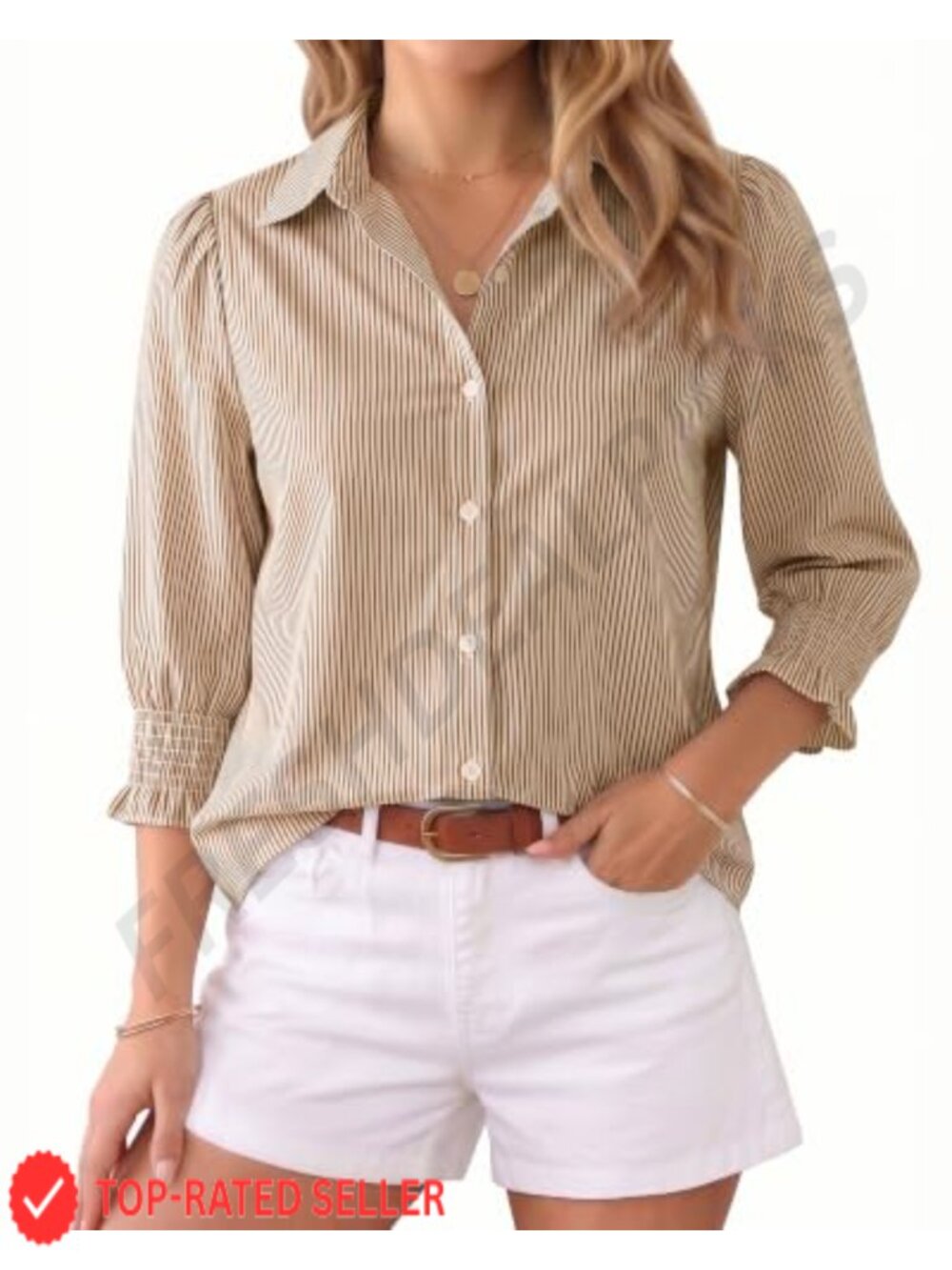 Women's Striped Button Down Shirt 3/4 Sleeve Collared Blouse Business Casual